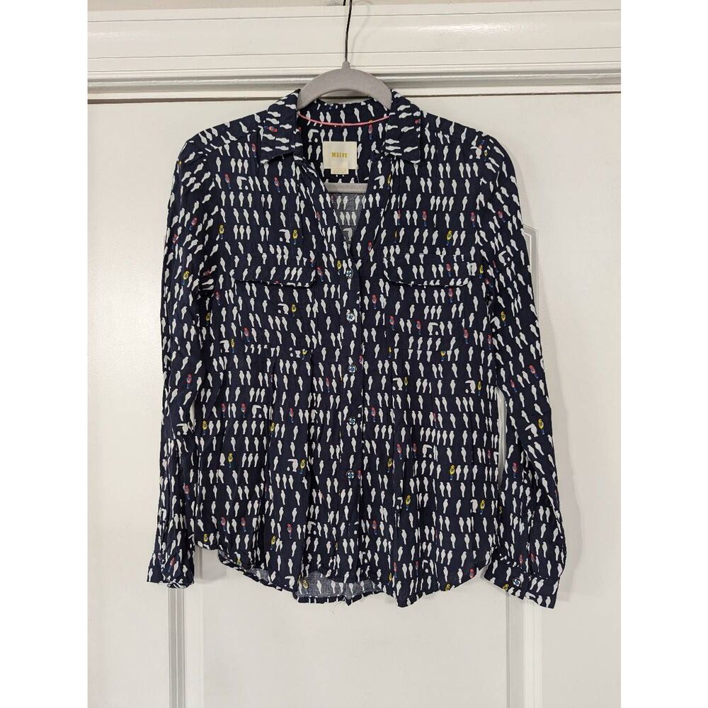 Anthropologie Maeve Wynwood Pintuck Blouse size 0 navy blue birds on a wire